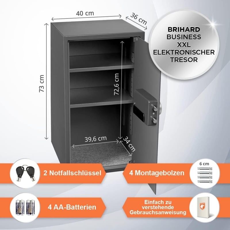 Brihard Business XXL Elektronikus Széf LCD Kijelzővel - 102L Titán Szürke Acél Páncélszekrény Padlóra Rögzíthető Vészkulccsal