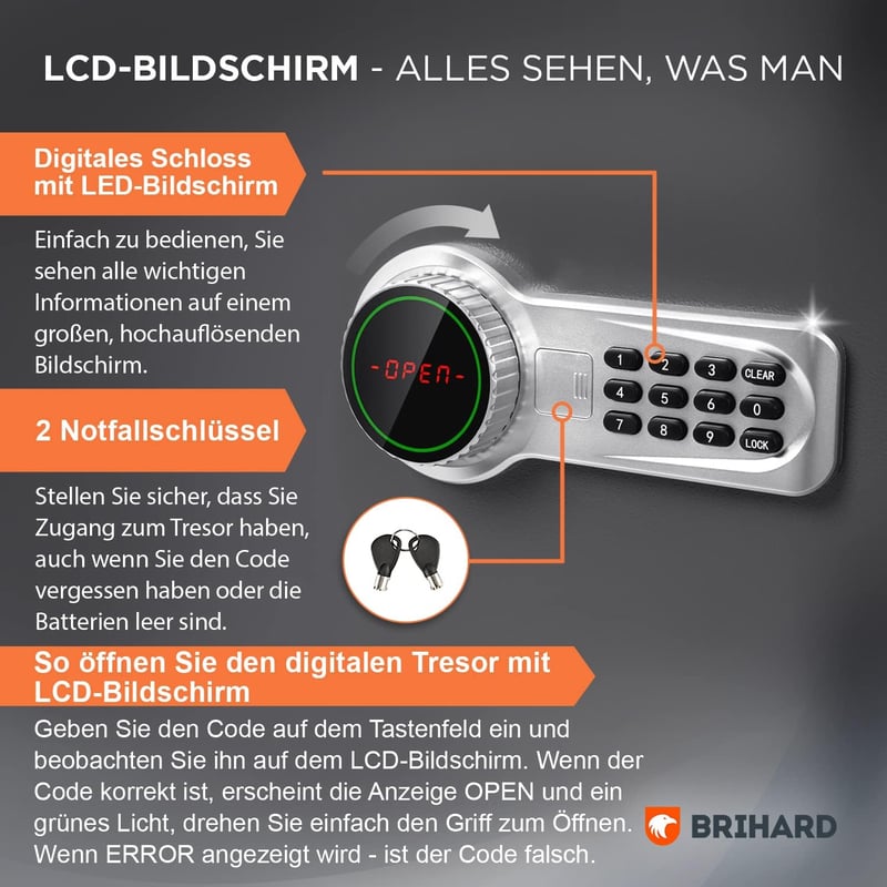 Brihard Business XXL Elektronikus Széf LCD Kijelzővel - 102L Titán Szürke Acél Páncélszekrény Padlóra Rögzíthető Vészkulccsal