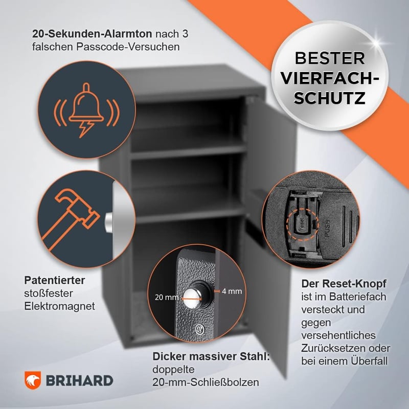 Brihard Business XXL Elektronikus Széf LCD Kijelzővel - 102L Titán Szürke Acél Páncélszekrény Padlóra Rögzíthető Vészkulccsal