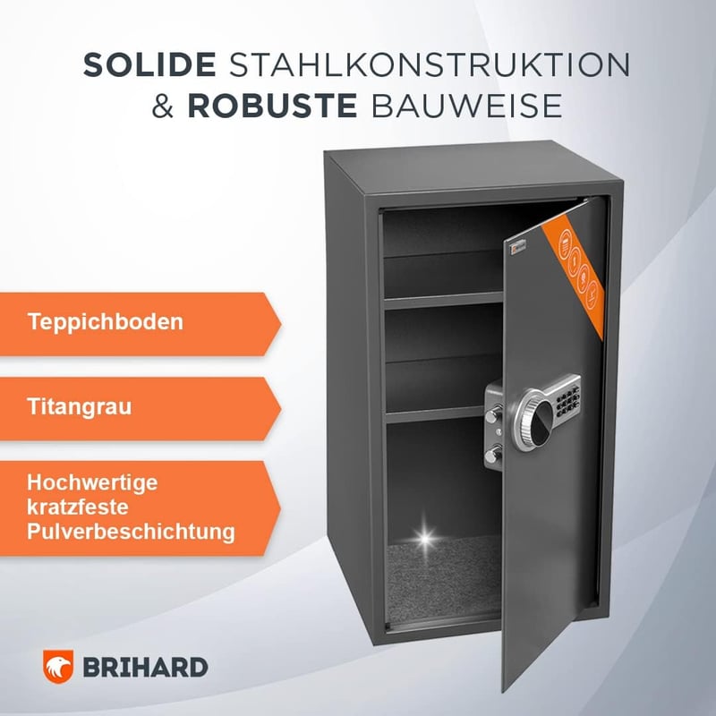 Brihard Business XXL Elektronikus Széf LCD Kijelzővel - 102L Titán Szürke Acél Páncélszekrény Padlóra Rögzíthető Vészkulccsal