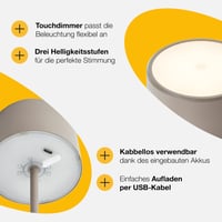 Lampă de birou Brilliant cu LED, culoare taupe, reglabilă, cu acumulator, portabilă pentru interior, cu variator tactil în trei trepte, lumină alb cald, reîncărcabilă prin USB 5
