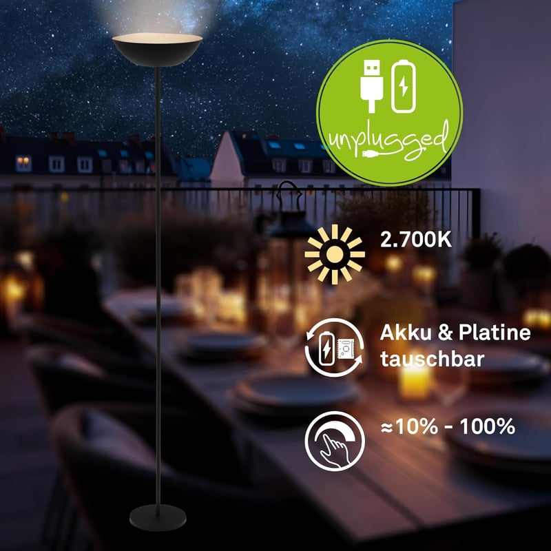 BRILONER LED Álló Lámpa Érintésvezérléses Dimmerrel, Akkumulátoros, 170 cm, Fekete
