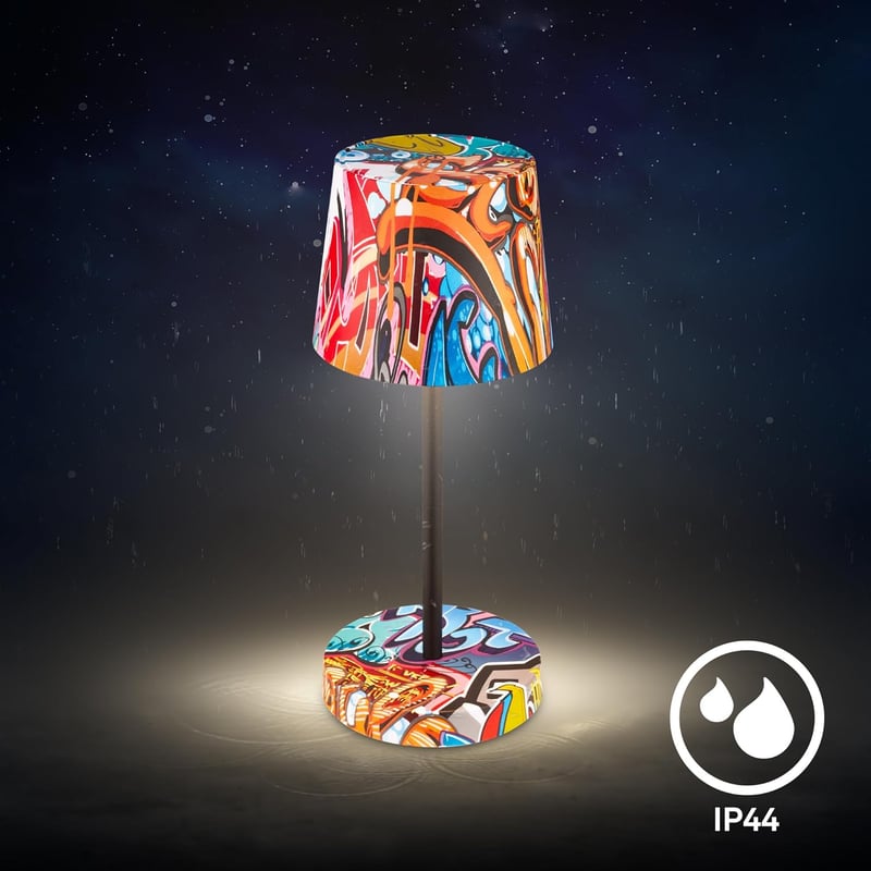 BRILONER LED Asztali Lámpa Vezeték Nélküli IP44 Érintésvezérléses Dimmer - 26 x 10,5 x 10,5 cm, Graffiti Motif, Single
