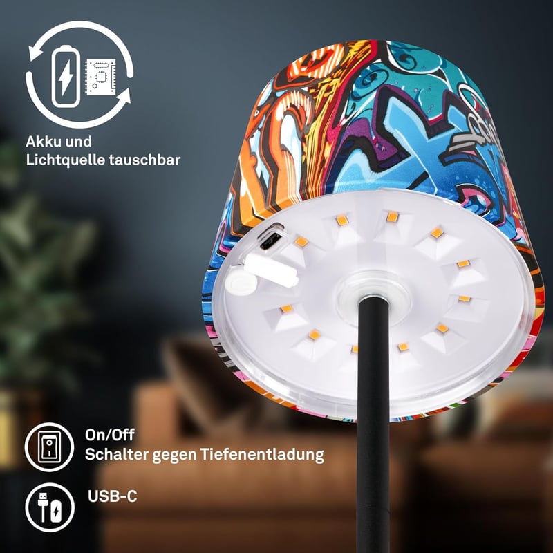 BRILONER LED Asztali Lámpa Vezeték Nélküli IP44 Érintésvezérléses Dimmer - 26 x 10,5 x 10,5 cm, Graffiti Motif, Single