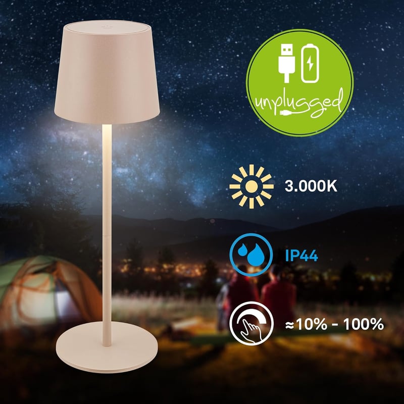 BRILONER LED Asztali Lámpa Vezeték Nélküli IP44 Érintésvezérléssel Dimmer Akkumulátor - 11x33 cm, Beige