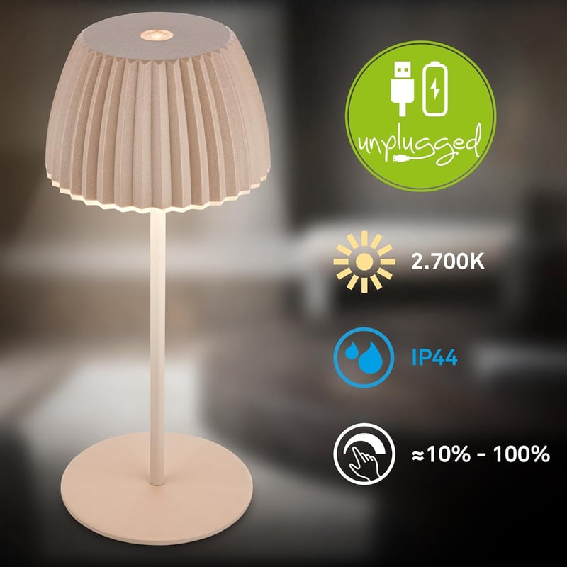 BRILONER Riffle Mini LED asztali lámpa, vezeték nélküli, érintésvezérlés, akkumulátoros, bézs - 20 cm, Beige, Mini table lamp