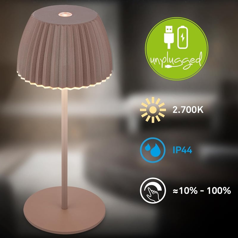BRILONER Riffle Mini LED asztali lámpa, vezeték nélküli, IP44, érintésvezérlés, homokbarna