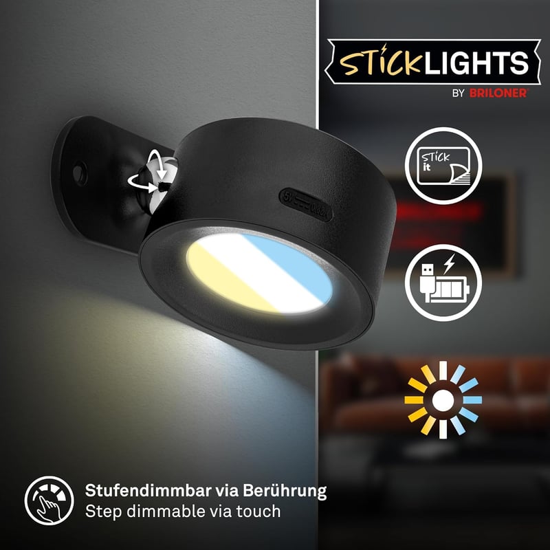 BRILONER Sticklights LED fali lámpa, érintésvezérelt, dimmelhető, mágneses, ragasztható, fekete