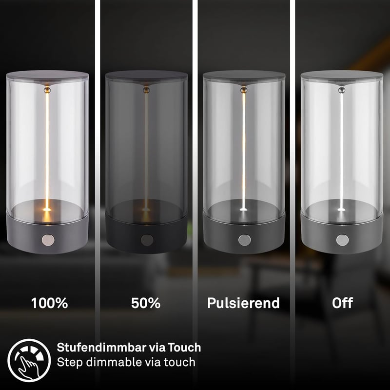 BRILONER Vezeték nélküli LED asztali lámpa USB-C töltéssel, érintésvezérléssel, meleg fehér fény, antracit - Charcoal