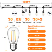 BRIMAX LED vonkajšia svetelná reťaz 30 m, 30 ks žiaroviek S14 E27, 2W, 2700K teplá biela, 230V, IP44 vodeodolná záhradná dekoračná reťaz 4