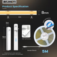 Bandă LED COB BRIMETI cu senzor de mișcare, 5 m, autoadezivă, cu baterie, 5V, alb neutru 4000K, 8 mm lățime, 320 LED/m, reglabilă, flexibilă, tăiabilă, pentru pat, dulap, hol 2