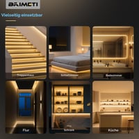 Bandă LED COB BRIMETI cu senzor de mișcare, 5 m, autoadezivă, cu baterie, 5V, alb neutru 4000K, 8 mm lățime, 320 LED/m, reglabilă, flexibilă, tăiabilă, pentru pat, dulap, hol 6