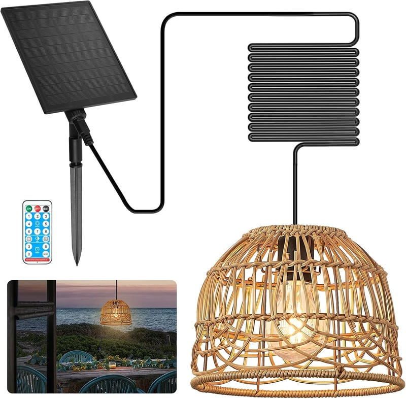 Lampă suspendată solară de exterior BRIMETI cu cablu de 5 m, telecomandă, rezistentă la apă IP65, reglabilă, cu încărcare USB, pentru balcon, grădină și pavilion