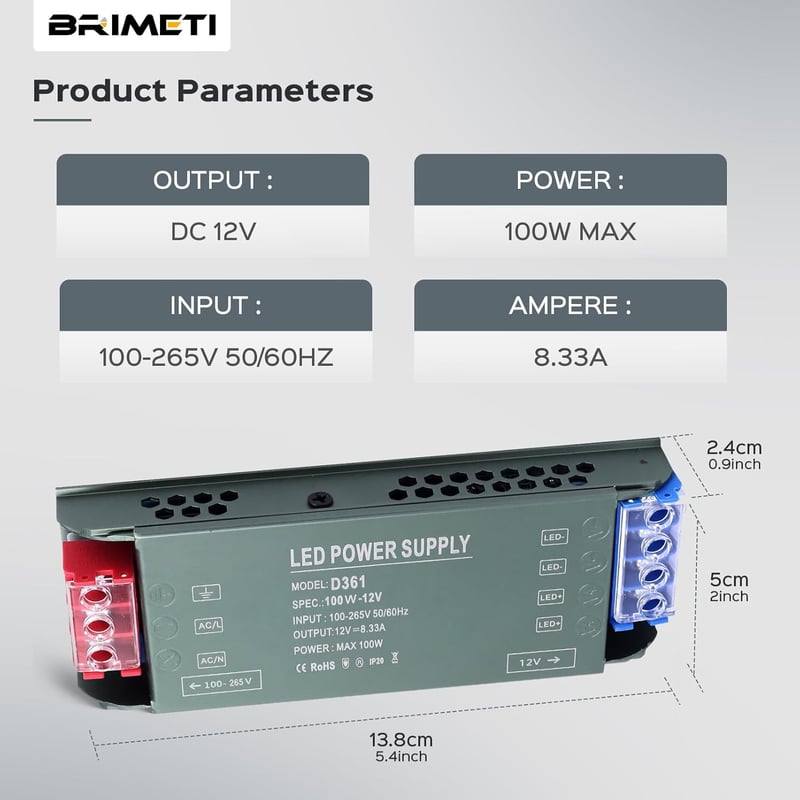 BRIMETI LED Tápegység 12V 100W 220V AC/DC Átalakító 8.3A Vezérlő