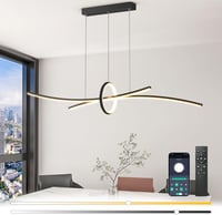 BRIMETI Modern Függőlámpa - 100 cm Állítható Magasságú LED Csillár Távirányítóval és Bluetooth Vezérléssel, Fényerőszabályozható, Fekete Étk 1