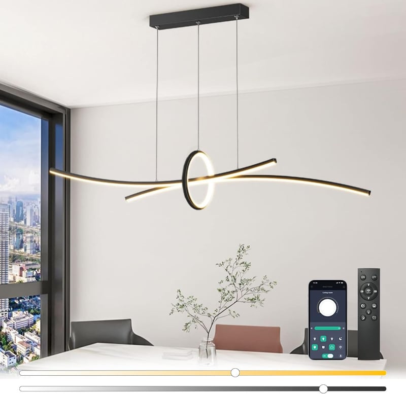 BRIMETI Modern Függőlámpa - 100 cm Állítható Magasságú LED Csillár Távirányítóval és Bluetooth Vezérléssel, Fényerőszabályozható, Fekete Étk