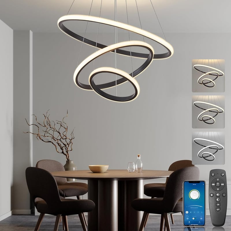 BRIMETI Modern Függőlámpa 3 Gyűrűs LED Csillár 45W - Távirányítóval Szabályozható Magasság, Fényerő és Színhőmérséklet - Étkezőbe, Nappaliba