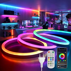 Bandă LED Neon BRIMETI 20M RGBIC 220V, aplicație și telecomandă, Bluetooth, sincronizare muzică, IP65, impermeabilă, flexibilă, decor interior și exterior