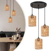 BRIMETI Rattan Függőlámpa 3 Égős - Vintage Mennyezeti Csillár, Állítható Magasság, E27 LED 60W, Barna Natur Rattan, Étkezőbe, Hálószobába 1
