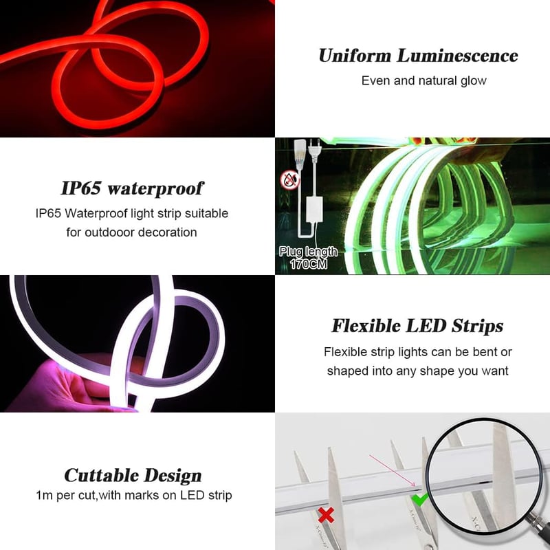 BRIMETI RGB Neon LED Szalag 20m Vízálló IP65 Távirányítós Bluetooth Applikációs Vezérlés Kültéri Beltéri Dekoráció