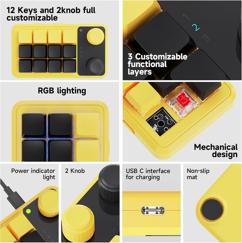 BRIMFORD Programozható Mechanikus Makró Billentyűzet RGB, Vezeték Nélküli, Hot-Swap, Sárga-Fekete