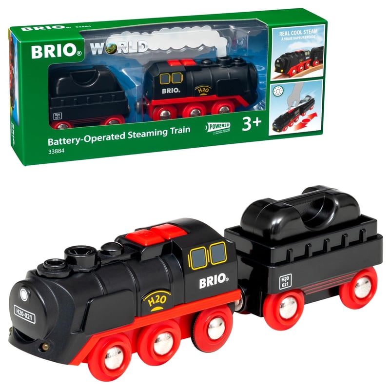 BRIO World 33884 Batériová parná lokomotíva s nádržkou na vodu – so skutočnou chladnou parou a nabíjateľnou nádržkou na vodu, od 3 rokov, 3-dielna súprava
