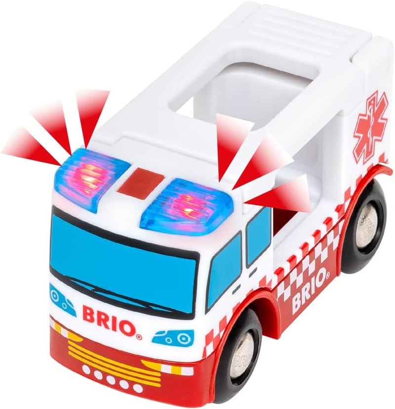 BRIO World Deluxe Rendőrségi és Tűzoltósági Készlet - Fa Mentőállomás Szett Rendőrséggel, Tűzoltóvonattal és Helikopterrel - 3 Éves Kortól