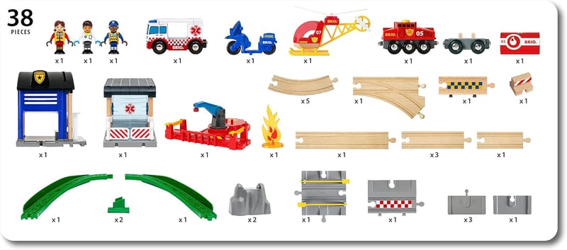 BRIO World Deluxe Rendőrségi és Tűzoltósági Készlet - Fa Mentőállomás Szett Rendőrséggel, Tűzoltóvonattal és Helikopterrel - 3 Éves Kortól