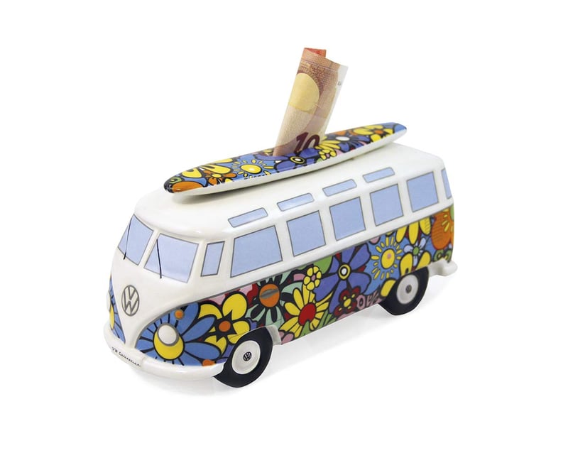 Pușculiță BRISA VW Collection T1 Bulli Bus Samba cu placă de surf, model Flower Power, colorată, cadou Volkswagen pentru monede