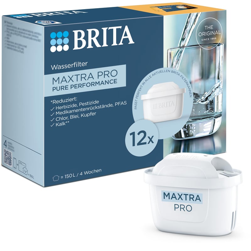 Pachet de 12 cartușe de filtrare a apei BRITA Maxtra Pro All-in-1, pentru apă de la robinet, reduce calcarul, clorul, pesticidele și impuritățile, pentru un gust mai bun