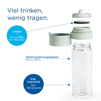 Filtračná fľaša BRITA Vital svetlozelená (600 ml) s 2 filtrami MicroDisc – prenosná fľaša na vodu do kancelárie a na cesty, znižuje obsah chlóru a látok ovplyvňujúcich chuť vody. 3
