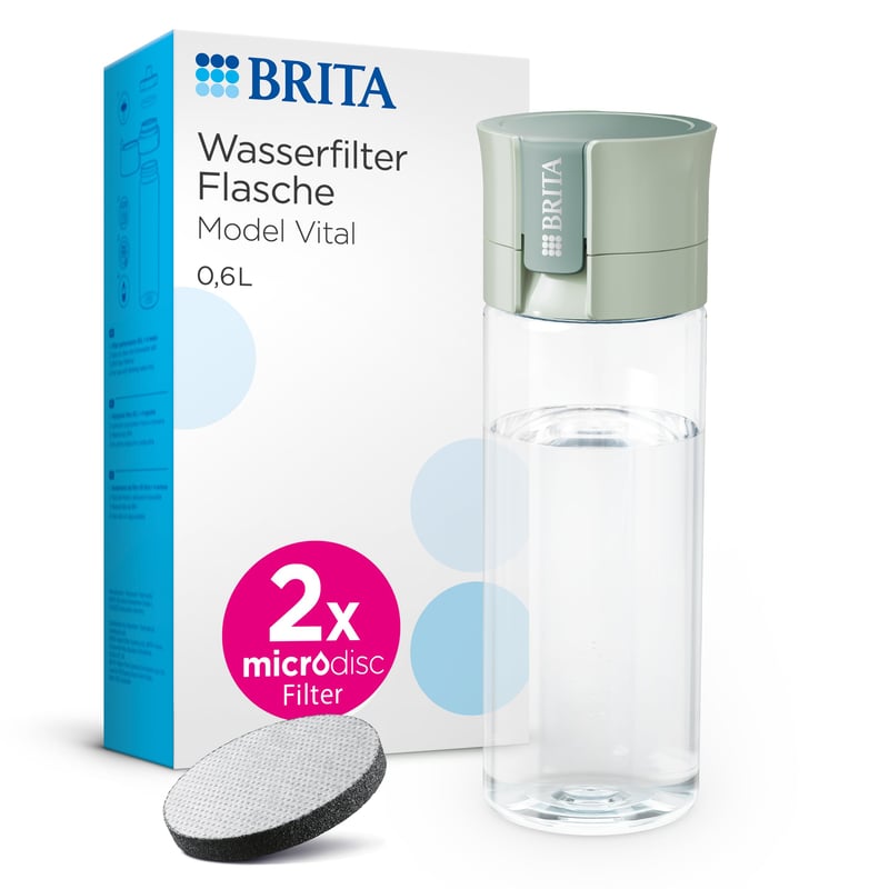 Filtračná fľaša BRITA Vital svetlozelená (600 ml) s 2 filtrami MicroDisc – prenosná fľaša na vodu do kancelárie a na cesty, znižuje obsah chlóru a látok ovplyvňujúcich chuť vody.