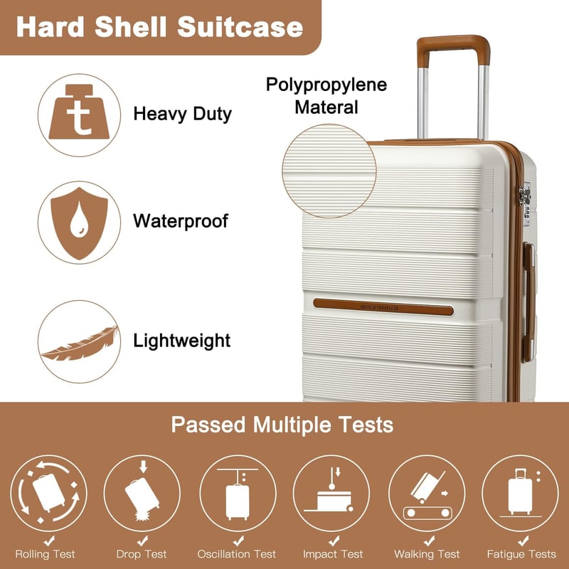 British Traveller TSA zárral ellátott 3 részes könnyű, merev PP bőrönd szett - fehér (20+24+28 inch)