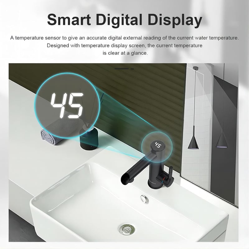 Briwellna Elektromos Csaptelep 220V Digitális Kijelzővel Fekete Rozsdamentes Acél Melegvíz Csap Fürdőszobába