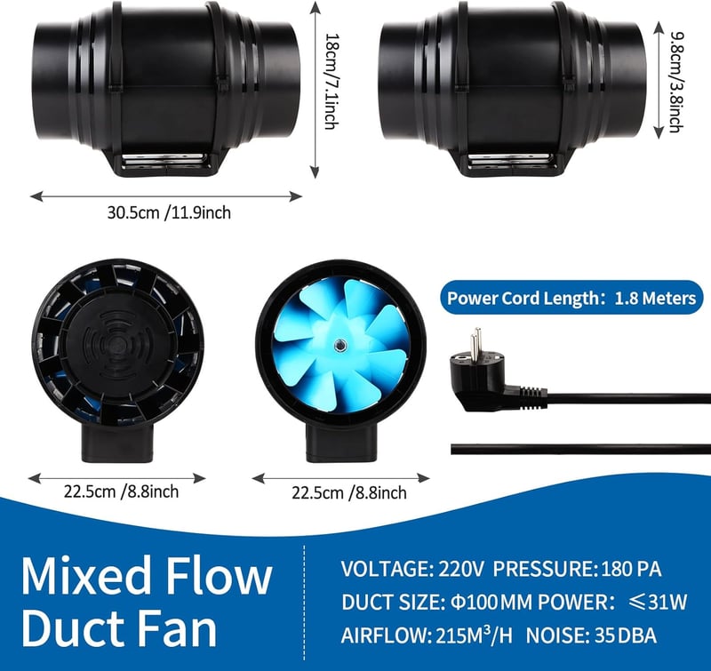 Brogachy 100 mm Állítható Csőventilátor 215/185 m³/h - Vízálló Elszívó Ventilátor Pincéhez, Garázshoz, Fürdőszobához, Növénysátorhoz, Kétfokatú