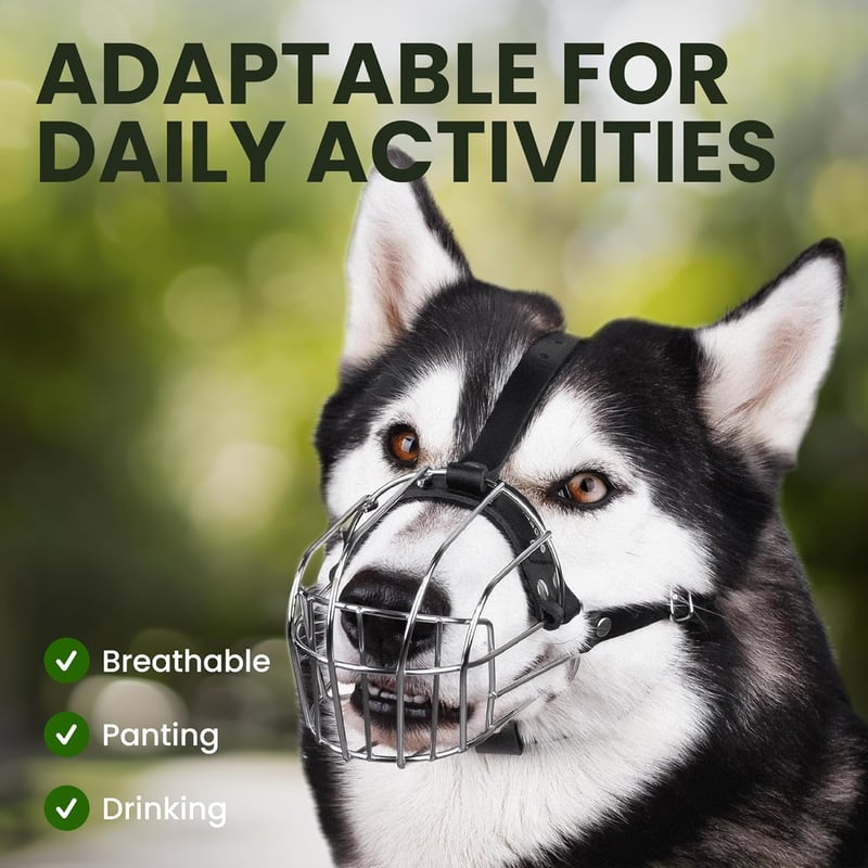 BRONZEDOG Állítható Kosár Szájkosár Kutyáknak - Rozsdamentes Acél, Bőrpánttal, Lélegző, Ivást Engedő, Harapásgátló - Husky, Doberman Méretű  - Stainless steel