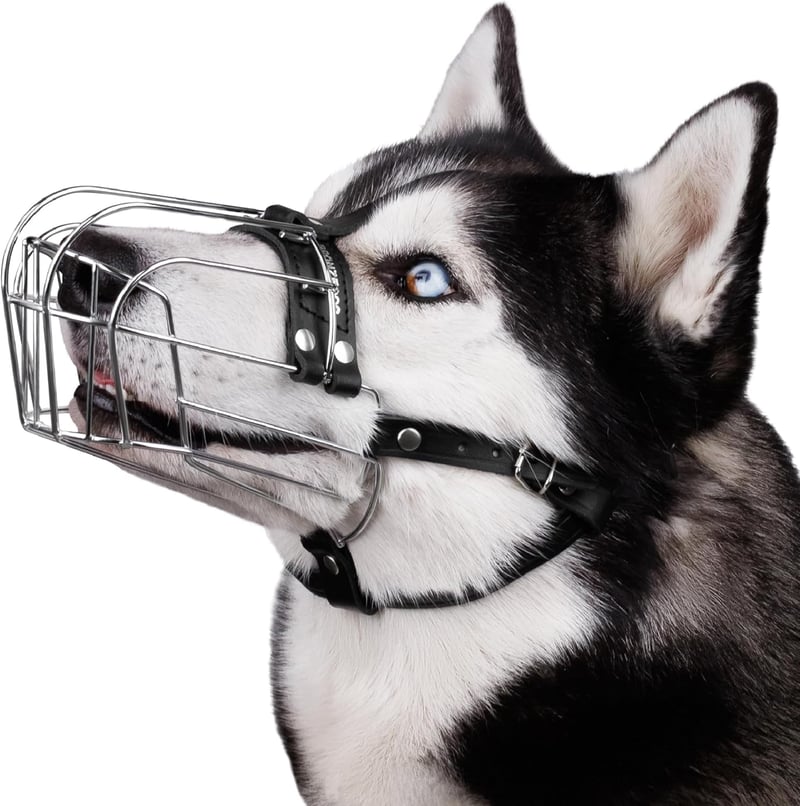 BRONZEDOG Állítható Kosár Szájkosár Kutyáknak - Rozsdamentes Acél, Bőrpánttal, Lélegző, Ivást Engedő, Harapásgátló - Husky, Doberman Méretű  - Stainless steel