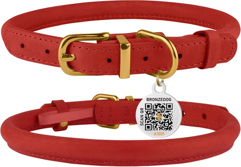 BRONZEDOG Bőr Nyakörv QR Azonosítóval, Állítható Puha Kerek Nyakörv Kutyáknak Macskáknak 40-48cm Piros