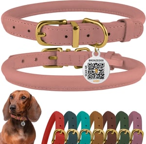 BRONZEDOG okrugla kožna ogrlica za pse s QR identifikacijom - ružičasta - 28-36 cm