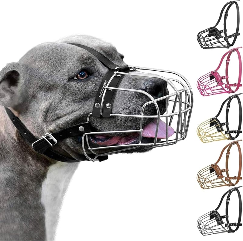 BronzeDog Fém Kutyaszájkosár - Amstaff Drótszájkosár Állítható Bőrpántokkal Pitbull, Staffordshire Terrier Kutyáknak, 40-85 Font Súlyig
