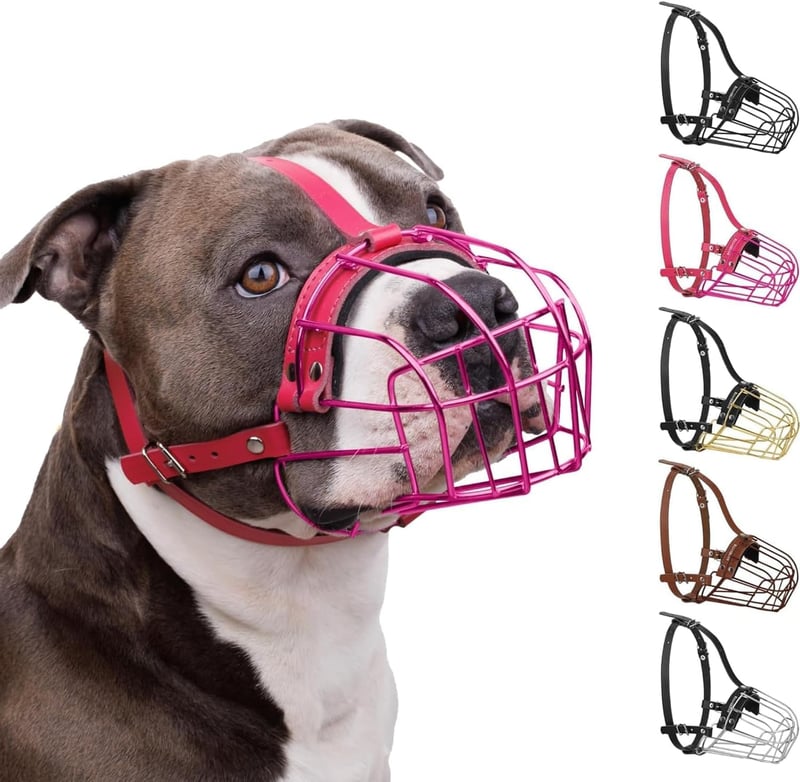 BRONZEDOG Fém Kutyaszájkosár Amstaff Pitbull Kutyáknak, Állítható Bőrpántokkal, Párnázott Kényelmes Kivitel, Rózsaszín