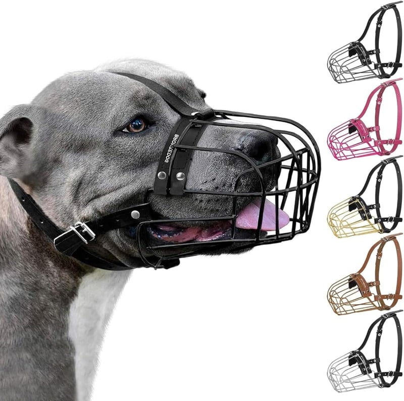 BRONZEDOG Pitbull Szájkosár Fém Maszk Amstaff Állítható Bőr Szíjjal Nagyobb Kutyáknak Fekete