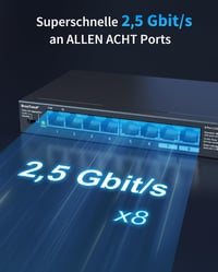 BrosTrend 8 Portos 2.5 Gbps Ethernet Switch, Statikus Link Aggregáció és VLAN, Nem Felügyelt Hálózati Elosztó, Ventilátor Nélküli, Plug and Play, NAS és Gaming PC 2