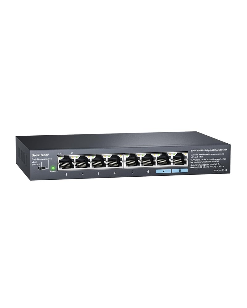 BrosTrend 8 Portos 2.5 Gbps Ethernet Switch, Statikus Link Aggregáció és VLAN, Nem Felügyelt Hálózati Elosztó, Ventilátor Nélküli, Plug and Play, NAS és Gaming PC