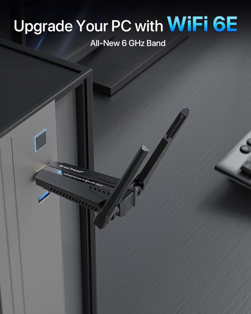 BrosTrend AXE5400 WiFi 6E USB adapter PC-hez, háromcsatornás (6/5/2.4 GHz) nagy hatótávolságú, WPA3 titkosítású, Windows 11/10 kompatibilis