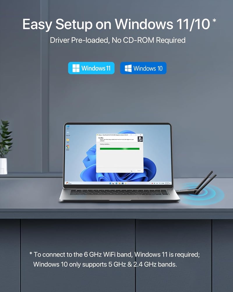 BrosTrend AXE5400 WiFi 6E USB adapter PC-hez, háromcsatornás (6/5/2.4 GHz) nagy hatótávolságú, WPA3 titkosítású, Windows 11/10 kompatibilis