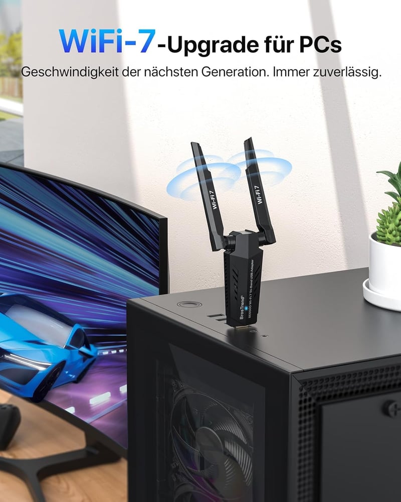BrosTrend BE6500 WiFi 7 USB adapter PC-hez, háromcsatornás 6/5/2,4 GHz, nagy hatótávolságú, alacsony késleltetésű, játékhoz és 4K streamingh