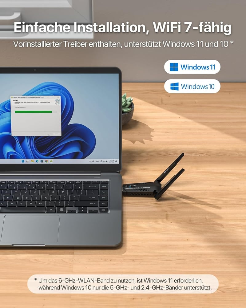 BrosTrend BE6500 WiFi 7 USB adapter PC-hez, háromcsatornás 6/5/2,4 GHz, nagy hatótávolságú, alacsony késleltetésű, játékhoz és 4K streamingh