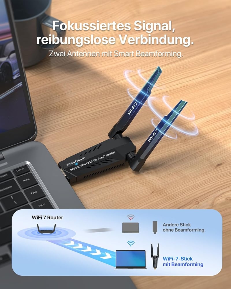 BrosTrend BE6500 WiFi 7 USB adapter PC-hez, háromcsatornás 6/5/2,4 GHz, nagy hatótávolságú, alacsony késleltetésű, játékhoz és 4K streamingh