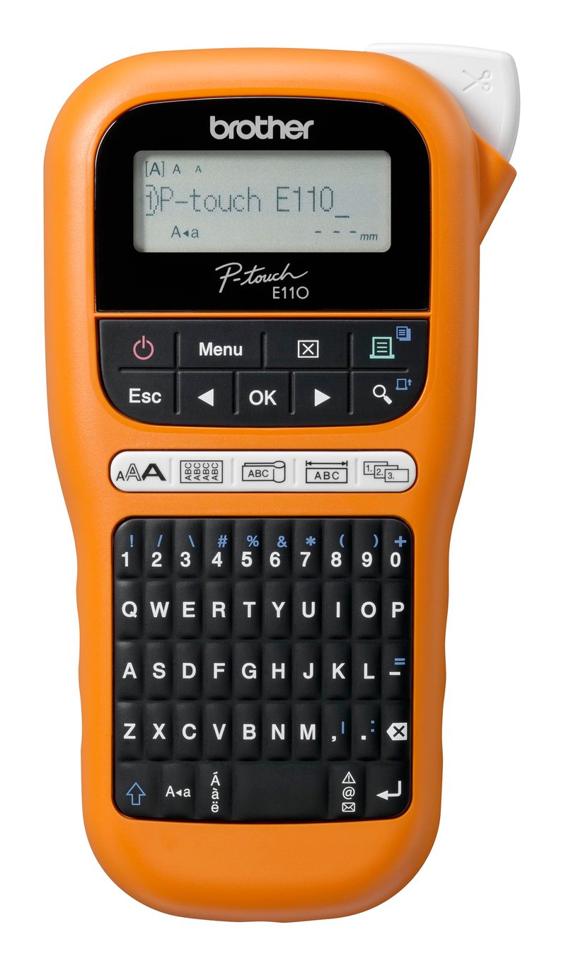 Prenosný štítkovač Brother PT-E110 – pre pásky TZe 3,5–12 mm, na označovanie káblov, oranžový